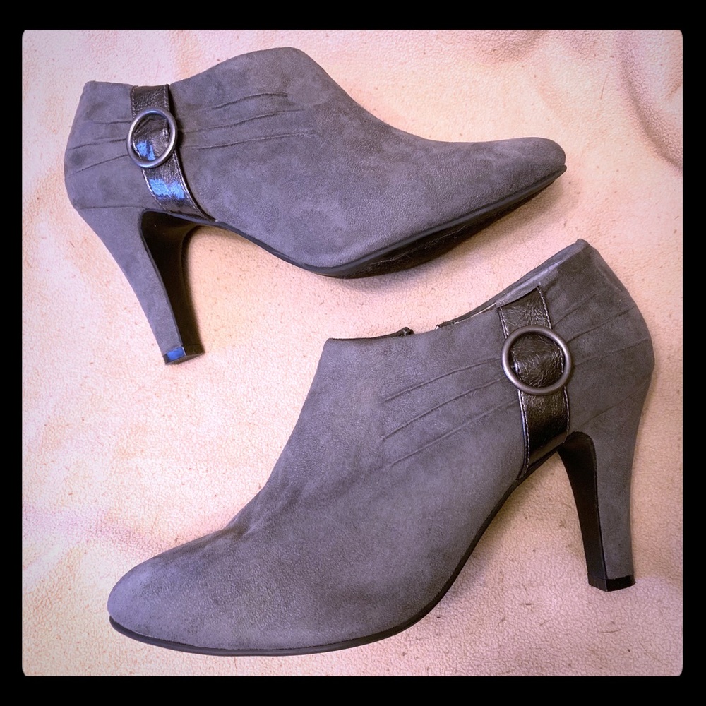 Gray Faux Suede Buckle Bootie